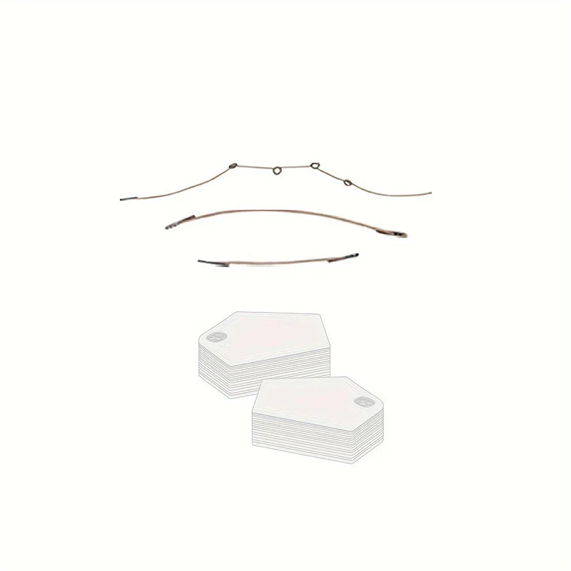 Two stacks of hexagonal v line face lifting mask tape patches and three thin curved brown strings with looped and pointed ends on a white background