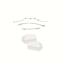 Two stacks of hexagonal v line face lifting mask tape patches and three thin curved brown strings with looped and pointed ends on a white background