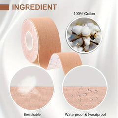 حزام ضمادة شد وتنحيف - لفة من شريط كينيزيولوجي للوجه بلون بيج تُظهر تركيبة القطن، وشبكة تسمح بمرور الهواء، وخاصية مقاومة الماء والعرق