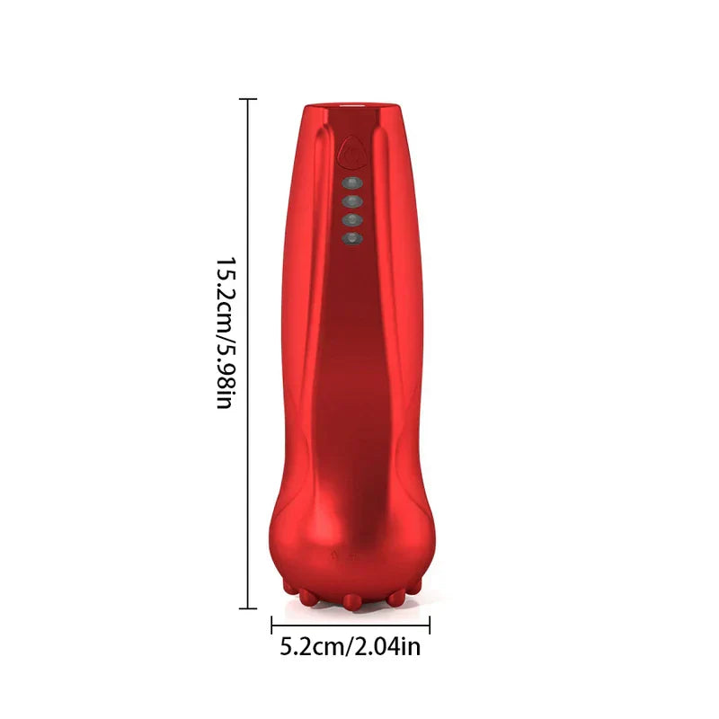 Red handheld cupping therapy set device with dimension labels: 15.2cm height and 5.2cm base width, shown on a white background
