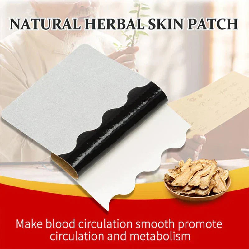 Support Patches - Peeled herbal skin support patch with black adhesive, dried herbs, and text about circulation