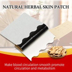 Support Patches - Peeled herbal skin support patch with black adhesive, dried herbs, and text about circulation