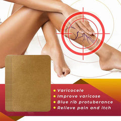 Stack of brown support patches beside a leg with visible veins, targeted by a red reticle, with bulleted text labels