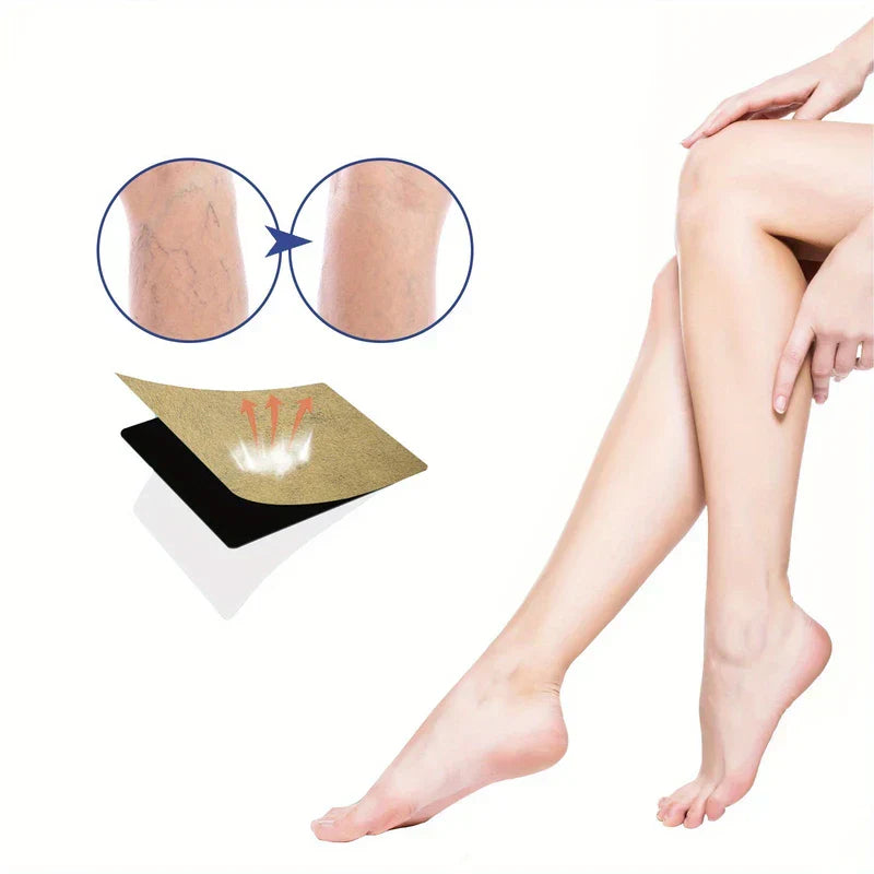 A bare pair of female legs next to a two-layer adhesive patch, with before-and-after circles of leg vein appearance.