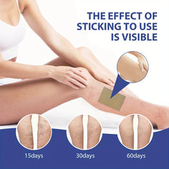 A woman applying a tan patch to her leg, with circular progress images of leg veins over 15, 30, and 60 days.
