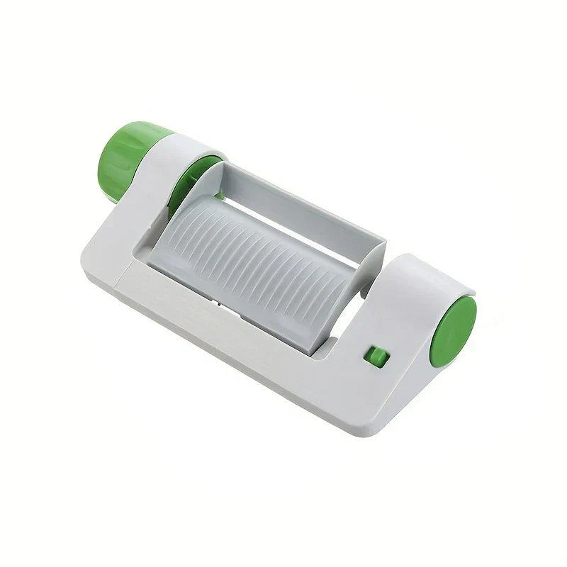 Vegetable Sheet Slicer Ribbon Cutter Tool - White and green manual slicer with ribbed roller and adjustment switch