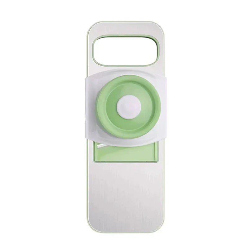 Mandoline - Stainless steel slicer base with light green food pusher and single slicing insert