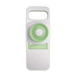 Mandoline - Stainless steel slicer base with light green food pusher and single slicing insert