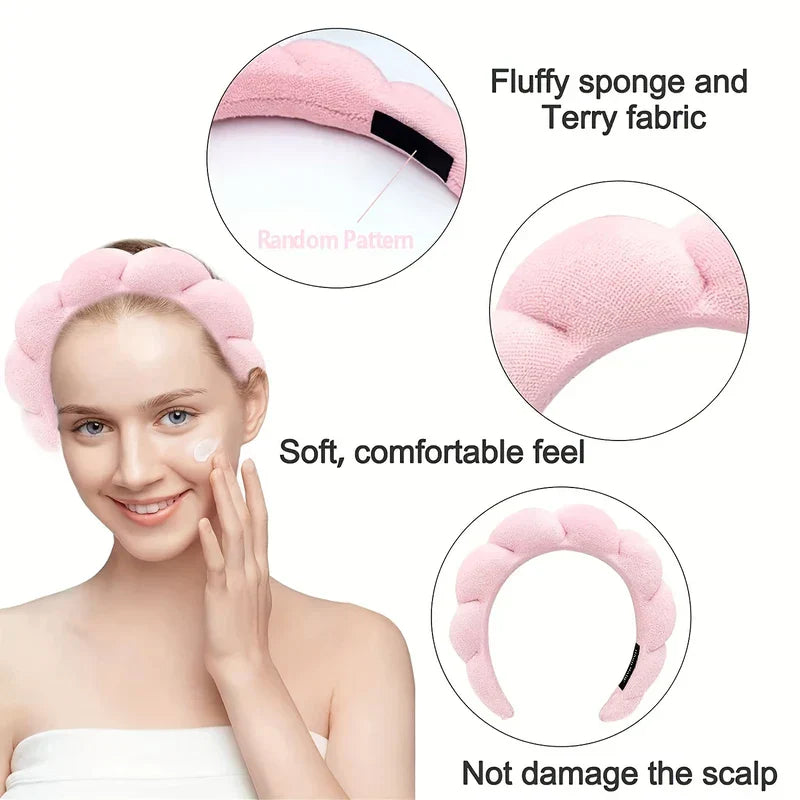 Velvet Padded Sponge Headband Hair Hoop - Model wearing a pink cloud-shaped padded headband, with three detail callouts showing fabric and fit close-ups