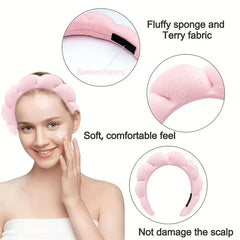 Velvet Padded Sponge Headband Hair Hoop - Model wearing a pink cloud-shaped padded headband, with three detail callouts showing fabric and fit close-ups