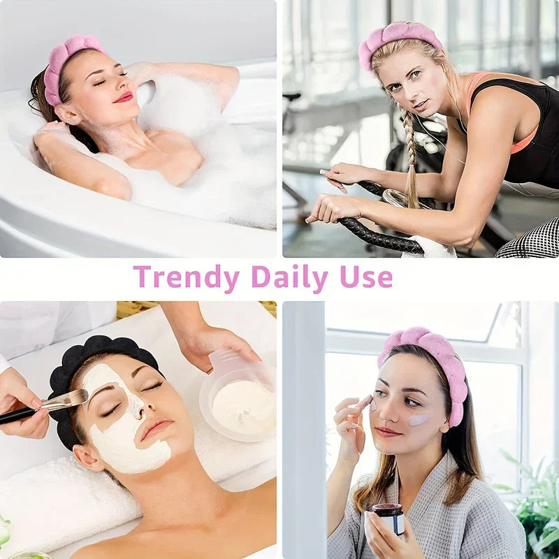 Velvet Padded Sponge Headband Hair Hoop - Four panel collage showing a pink padded cloud headband worn during bathing, exercise, a facial, and skincare application