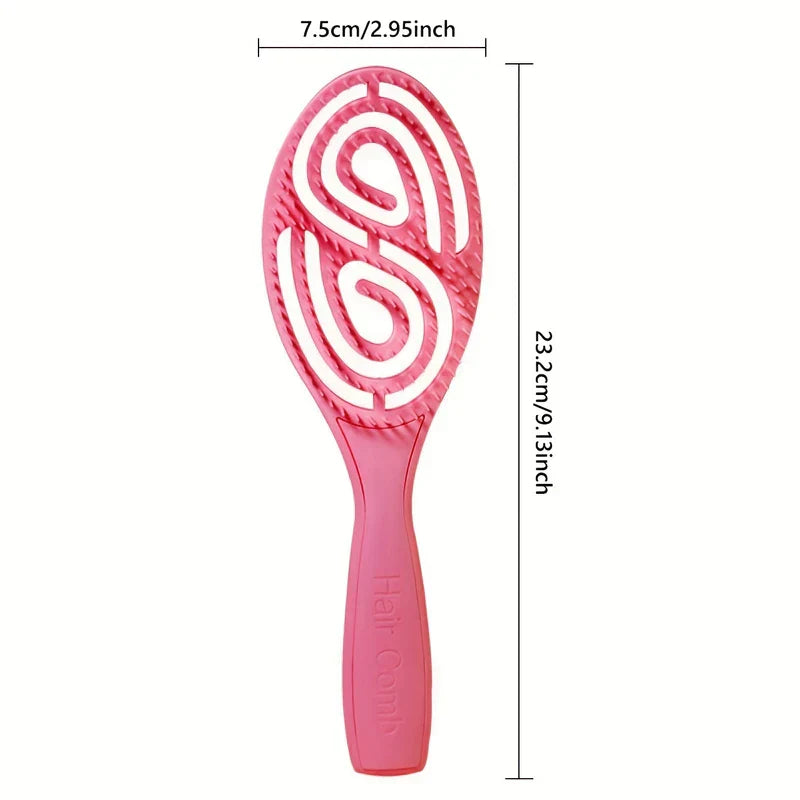 Paddle Hair Brush - Pink hollow hair brush viewed from above, showing overall length and width dimension measurements