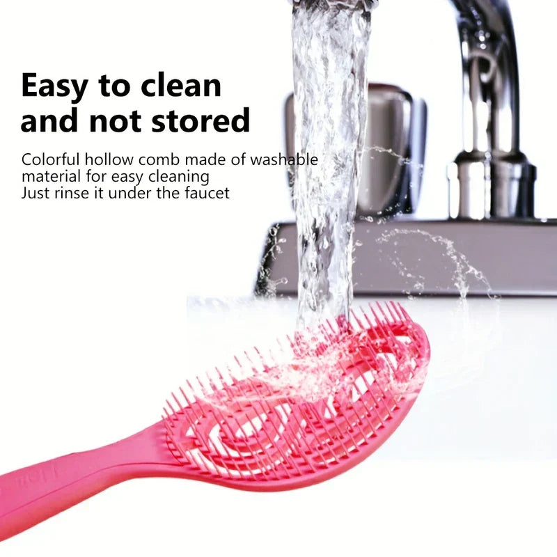 Paddle Hair Brush - Pink hollow hair brush being rinsed under running faucet water, with text about easy cleaning
