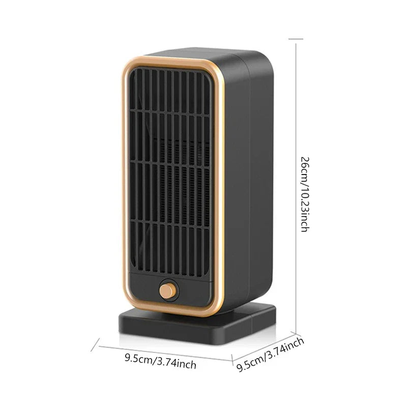 Tower Heater - Black and gold space heater showing dimensions: 26cm tall, 9.5cm by 9.5cm base