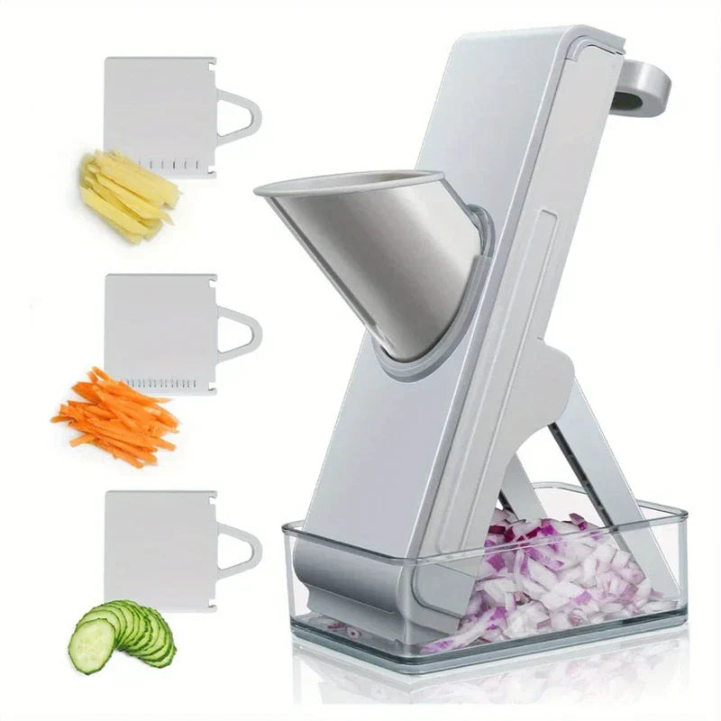 Vertical standing mandoline slicer chopper with clear catch container