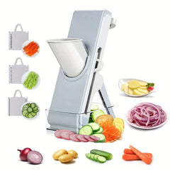 Mandoline slicer chopper with interchangeable blades on kitchen counter