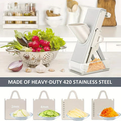 Close-up of mandoline slicer chopper cutting vegetables