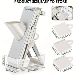 Mandoline Slicer Chopper - Vegetable slicer unit with labeled dimensions, three interchangeable blades, and a storage example in a kitchen drawer