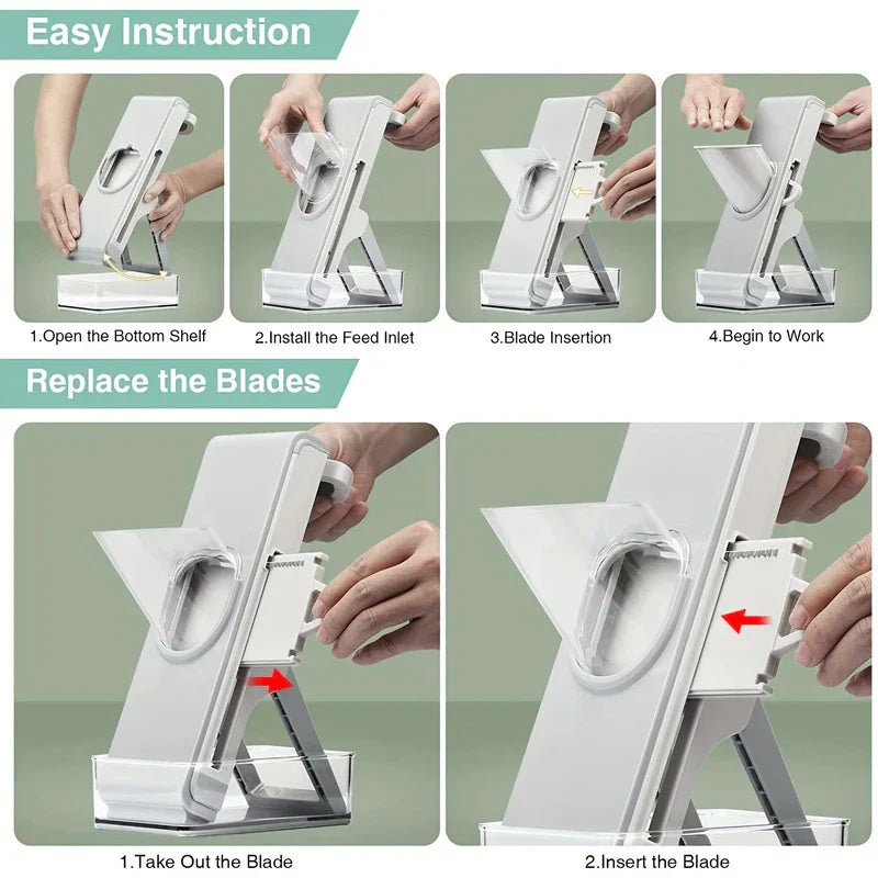 Mandoline Slicer Chopper - Step-by-step diagrams showing how to set up the slicer and how to remove and insert its interchangeable blades
