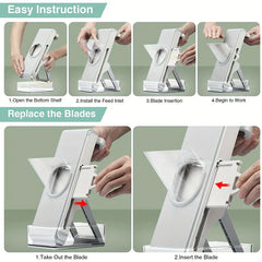Mandoline Slicer Chopper - Step-by-step diagrams showing how to set up the slicer and how to remove and insert its interchangeable blades