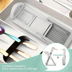 Mandoline Slicer Chopper - Foldable kitchen slicer stored in a utensil organizer with inset showing its collapsed compact state, and storage benefit text.