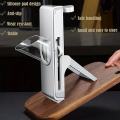 Mandoline Slicer Chopper - Standing foldable kitchen slicer placed on a wooden cutting board, with listed feature text around the device.