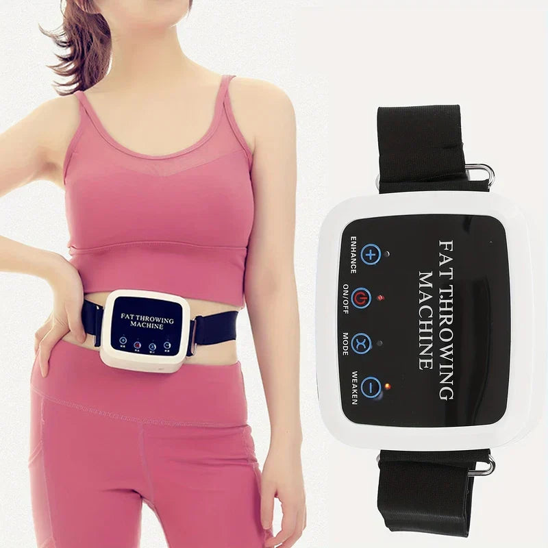 Woman in pink activewear wearing a massage belt on her waist, with a close-up of the belt control panel beside her.