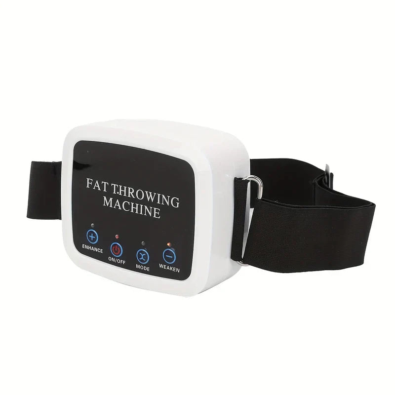 Side-angle view of a white massage belt device with a black control panel and black strap, on a white background.
