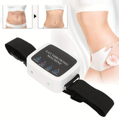 White massage belt device with black strap, alongside before-after belly comparison and a person with hand on hip holding a pink flower