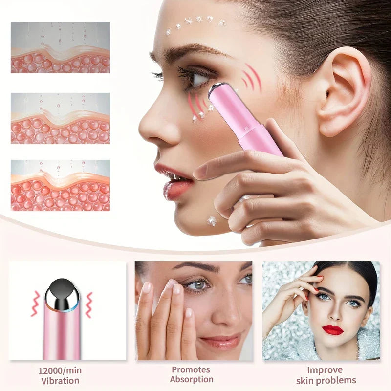 Pink eye massager wand being used under a person's eye, with diagrams of skin layers and use benefit labels below