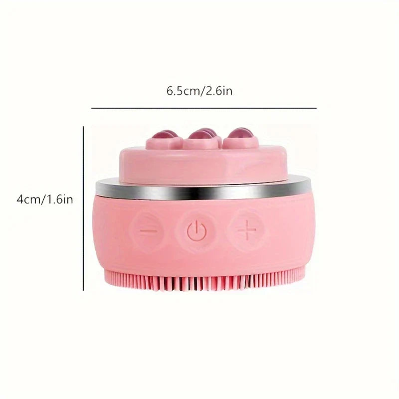 Pink dual-sided facial brush with size dimensions: 6.5cm/2.6in wide, 4cm/1.6in tall, on a white background