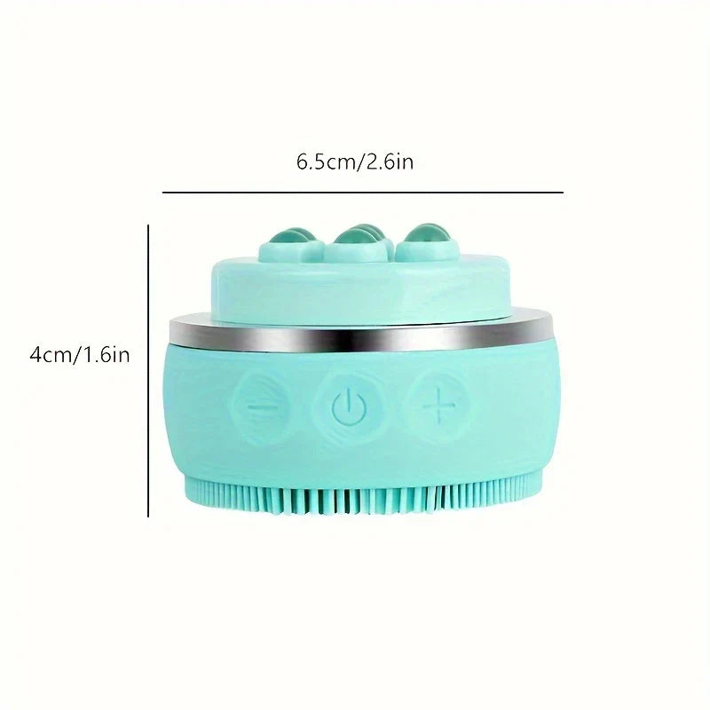 Mint facial brush with top roller nodes and size dimensions labeled