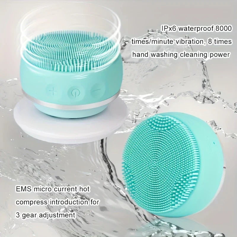 Facial Brush - Mint silicone facial cleansing device shown with water splashes, separate brush head displayed, feature text overlaid
