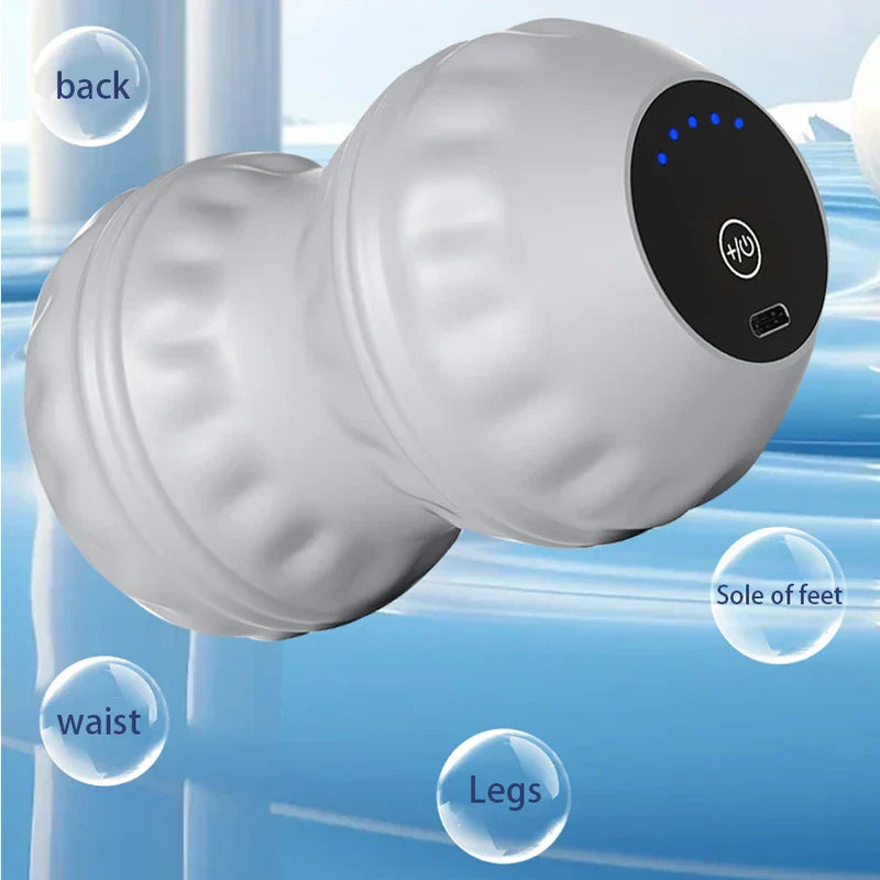 Massage Ball Roller - Light gray peanut-shaped recovery tool with labeled target use areas: back, waist, legs, and sole of feet