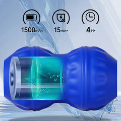 Massage Ball Roller - Blue peanut massager with transparent battery graphic, showing 1500mAh, 15min+ and 4H+ specs