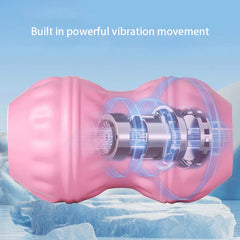 Massage Ball Roller - Pink peanut-shaped vibration device with internal motor illustrated, on icy blue background