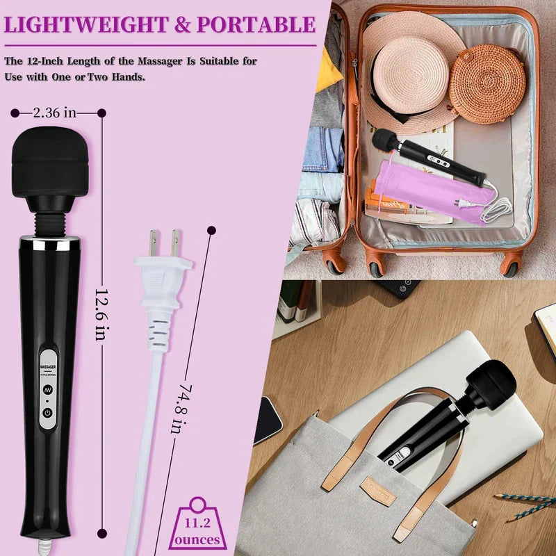Massage Roller Wand - Handheld electric body massager with size and weight labels, shown placed inside an open suitcase and a tote bag