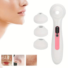 Blackhead remover vacuum with three suction heads, beside partial view of person's face and close-up skin photos