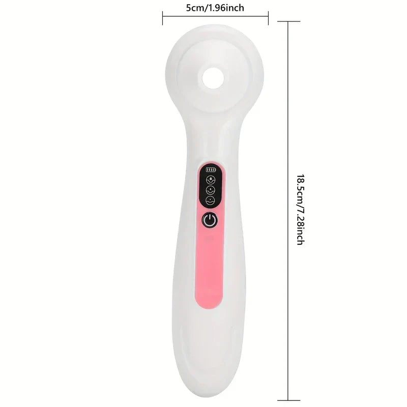 Blackhead Remover Vacuum - Handheld white and pink beauty device with size dimensions shown, 5cm wide at head, 18.5cm tall