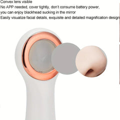 Blackhead Remover Vacuum - Close-up of the device head featuring a rose gold ring and convex lens, with illustration of magnified nose view alongside text