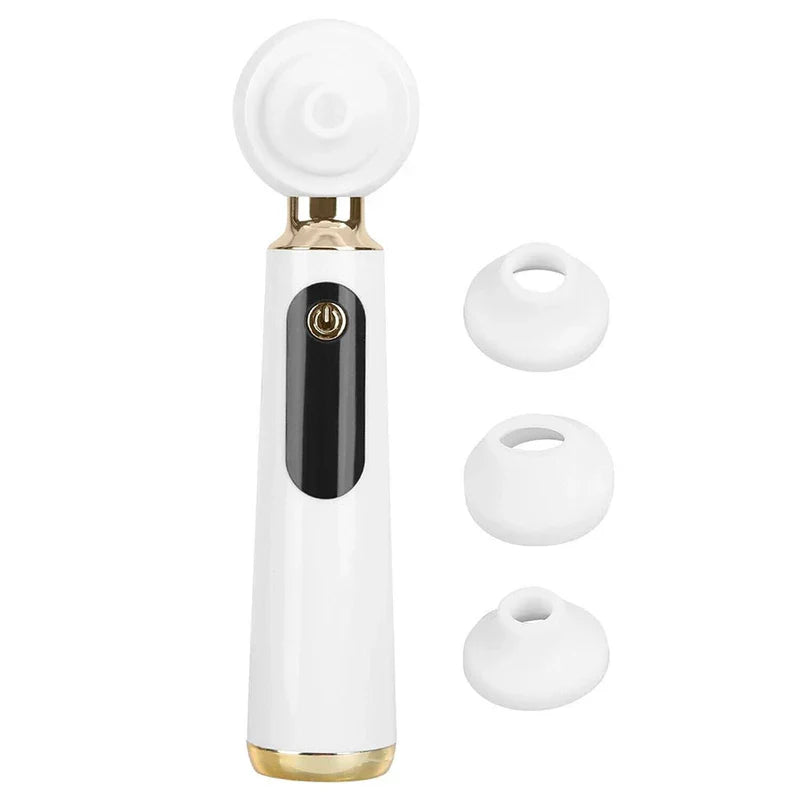 Blackhead Remover Vacuum - White and gold handheld device with three interchangeable suction tips