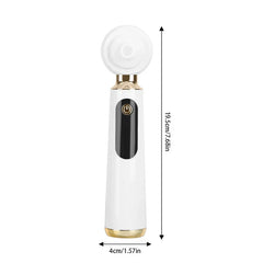 Blackhead Remover Vacuum - White handheld beauty device with gold accents, power button, showing dimensions 19.5cm tall and 4cm wide.