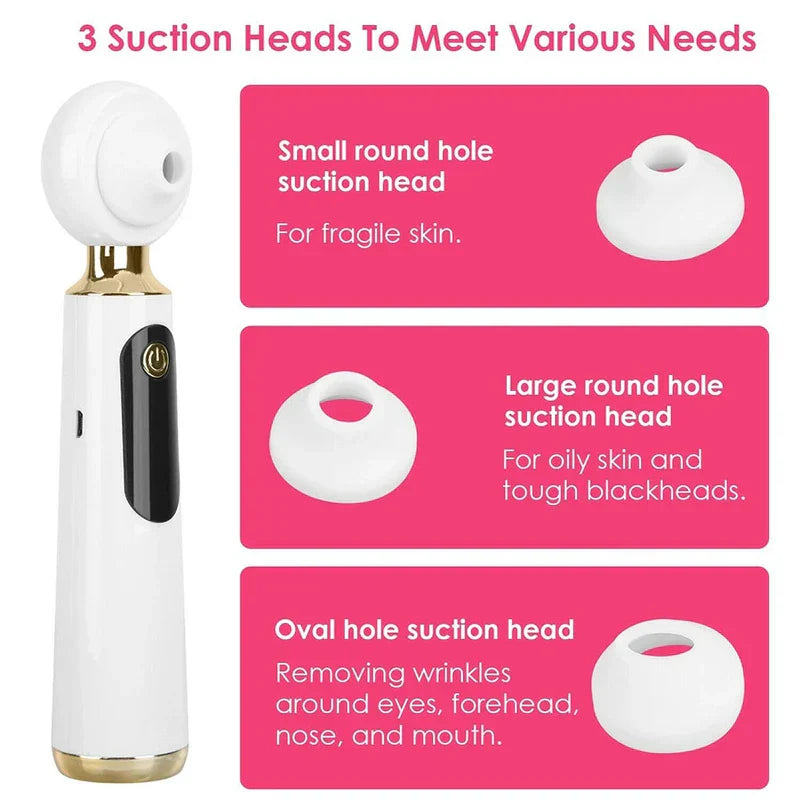 Blackhead Remover Vacuum - Blackhead suction device shown beside three interchangeable suction heads, each with labeled use information.