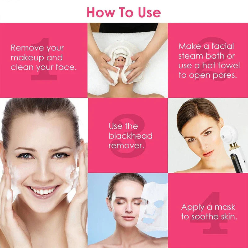 Blackhead Remover Vacuum - Four-step visual guide showing how to use the blackhead suction device, with corresponding photos for each step.