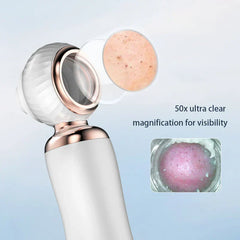 Pore Cleaner Vacuum - Close-up of a white and rose gold facial device head with two magnified skin pore close-up insets