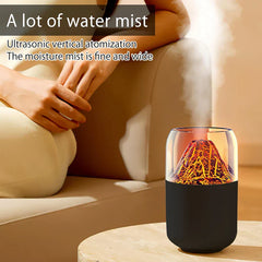 Aroma Diffuser Humidifier - Operating unit placed on a round side table next to a seated person, showing fine wide-spreading mist output