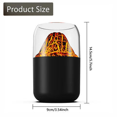 Aroma Diffuser Humidifier - Product size diagram of a two-tone cylindrical device, measuring 14.5cm tall and 9cm wide, with a simulated volcano graphic inside its clear upper portion.
