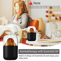 Aroma Diffuser Humidifier - Two identical two-tone aromatherapy devices, one on a table with snacks and a mug, one foregrounded, with text noting weekly cleaning and essential oil use.