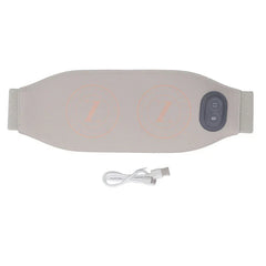 Slimming Belt Massager - Flat lay of light gray wearable belt with dual control buttons and included white USB charging cable