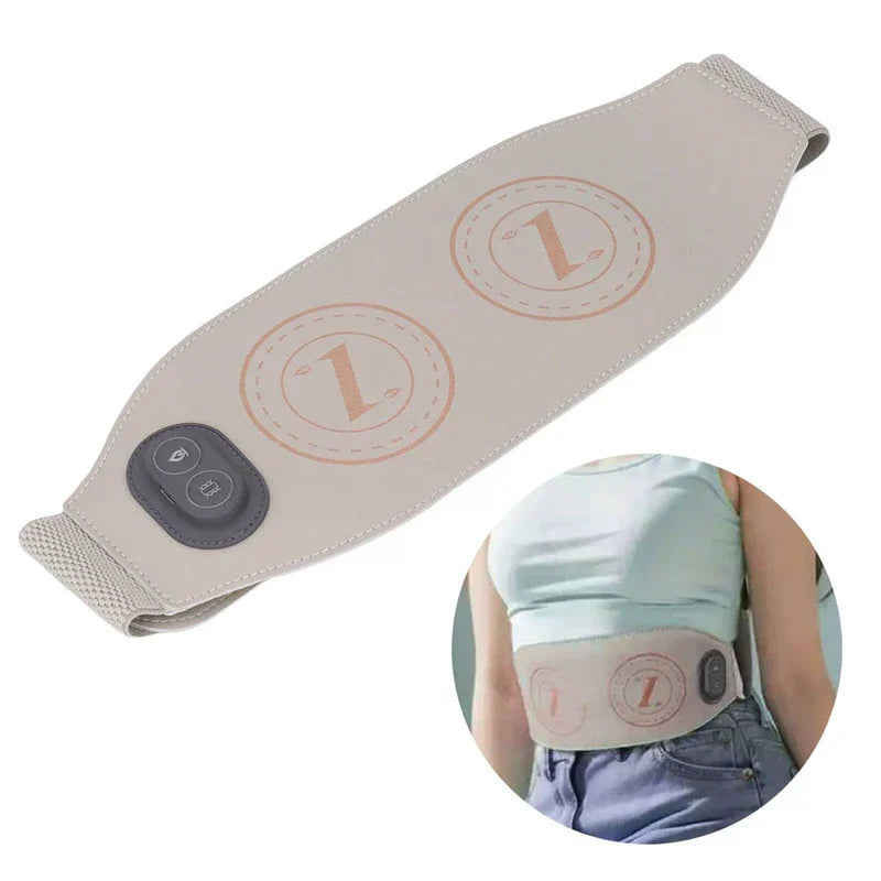 Slimming Belt Massager - Angled view of light gray wearable belt with inset showing the belt worn around a person's waist over a tank top
